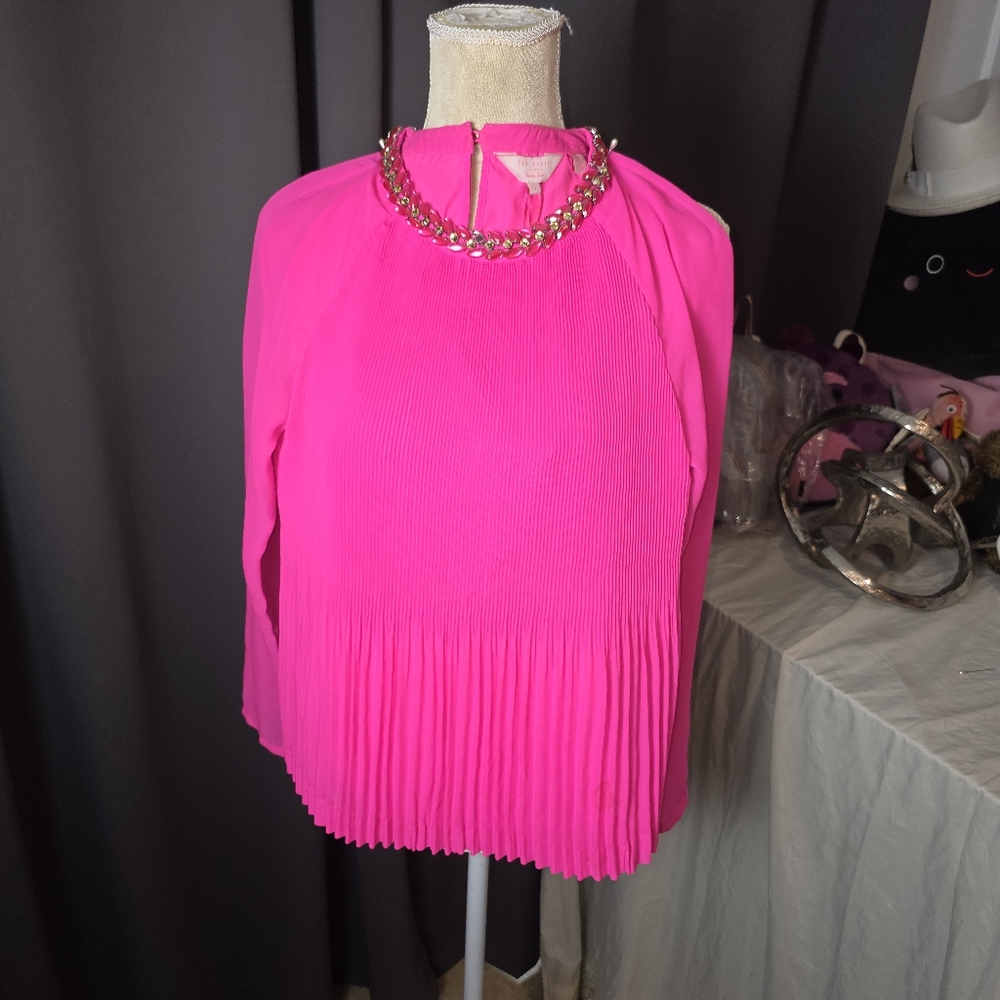 Ted Baker Lovina Jeweled‎ Pleated Blouse NWT 0 Hot Pink Embellished Holiday Top